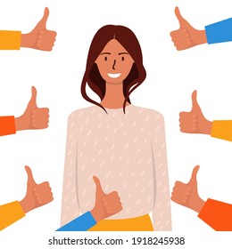 A flat cartoon illustration of a smiling woman surrounded by thumbs-up hands. The concept of public approval, positive opinions and recognition of the audience. Isolated design on a white background. Arkistovektorikuva