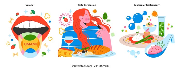 Flavor Reversal set. Exploring the science of taste, from umami sensation to advanced culinary techniques. Taste buds adventure on a plate. Vector illustration. – Vector có sẵn