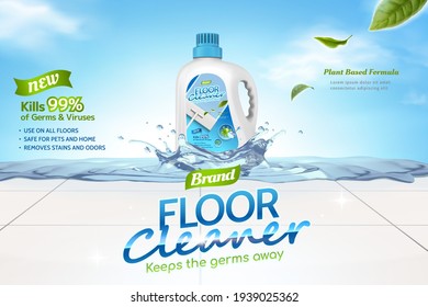 Floor cleaner ads, plant based formula of cleaner liquid with leaves elements and splashing water on tiled floor in 3d illustration, against sky background. Stock Vector