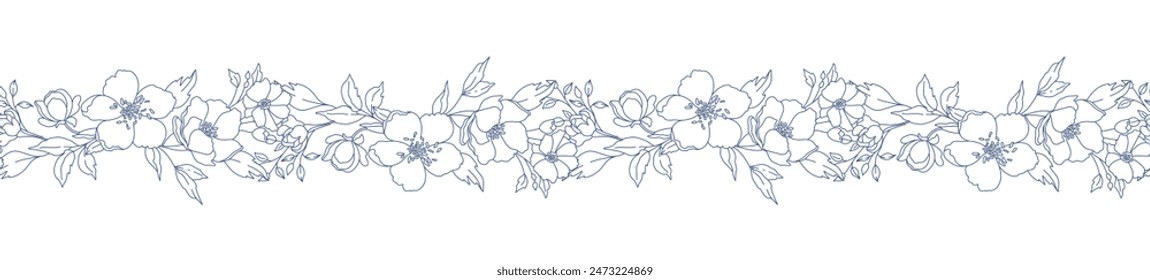 Borde floral con ramas florecientes, hojas y flores. Fondo Horizontal sin costuras de primavera con guirnalda dibujada a mano hermosa en estilo de arte de línea. Ilustración vectorial Vector de stock