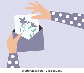 Floral drawing, hand holding letter illustration Arkistovektorikuva