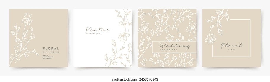 Floral elegant background with hand drawn flower elements in neutral beige. Vector design templates for wedding invitation, card, poster, business card, flyer, social media post, banner, label - Vector στοκ