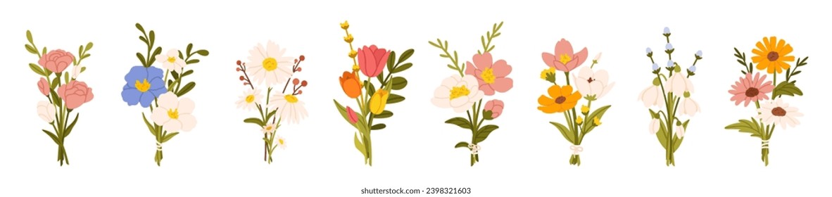 Flower bouquets. Garden blossoming flowers with stem and leaves, floral bouquet. Various cartoon romantic flowering plant for Woman and Mother day. Vector set. Springtime floral celebration Stock-vektor