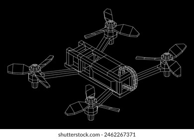 FPV Drone Racing freestyle sport flight. Hobby toys. Wireframe low poly mesh vector illustration. Vektor Stok