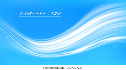 Fresh air flow or cold wind wave with snowflakes or snow motion effect, vector light blue background. Fresh cool air flow or wind stream for AC conditioner, purifier or fresh climate technology Stockvektor