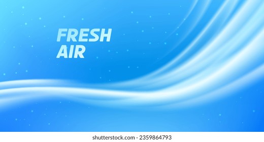 Fresh air flow or cold wind wave vector background. Abstract blue stream of fresh clean air, cold wind, aroma or smell with glowing light particles. Conditioning, filtration or ventilation themes เวกเตอร์สต็อก