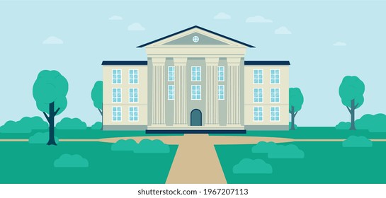 アカデミー、大学、大学、学校のキャンパスの正面図。 教育用ビルや官庁の外郭建築で、入り口と緑の芝生がある。 ベクターイラスト。のベクター画像素材