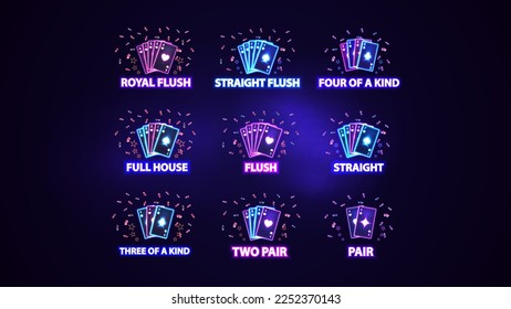 Full set of neon poker hand rankings signs. Pink and blue shine neon casino playing cards เวกเตอร์สต็อก
