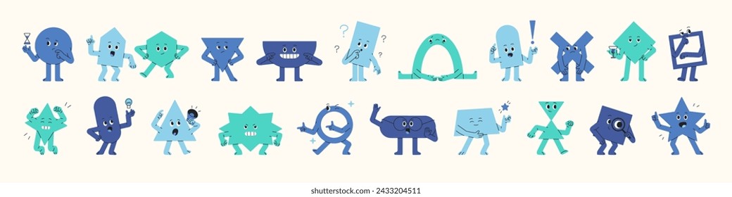 Funny abstract characters set. Different geometric shapes avatars with emotions, facial expressions. Cute figures with various action symbols. Elementary education. Flat isolated vector illustration Stock-vektor