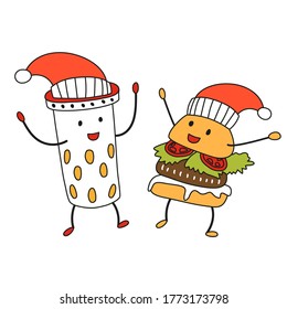 Funny burger and milkshake or coffee in Santa Claus hat. Stock Vector