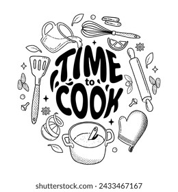 Kitchenware and Cook line ingredients set. Time to cook lettering. Products and kitchen tools for cooking baking recipes. Food icons and elements. Vector line illustration. Kitchen utensils, home menu Immagine vettoriale stock
