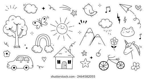 Kid cute doodle set. Cute sun, house, tree kid doodle sketch style vector. Hand drawn sun, car, rainbow elements. Funny children pen outline flower, bird, butterfly. Vector illustration. Stockvektorkép
