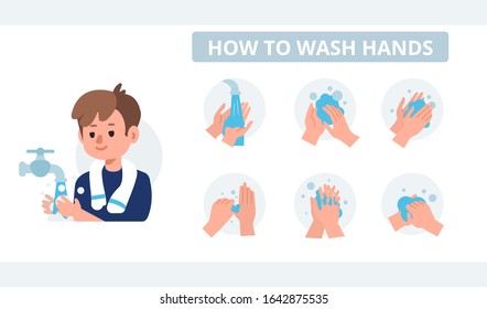 Kid Character Washing Hands with Soap under running Water. Infographic Steps How Washing Hands Properly. Prevention against Virus and Infection. Hygiene Concept.  Flat Cartoon Vector Illustration.
 Stock Vector