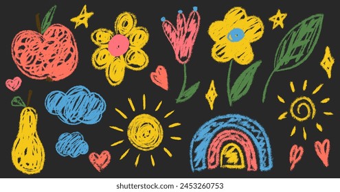 Kids chalk drawings big set. Collection freehand child baby drawn elements: sun, apple, flower, heart, cloud, star. Hand drawing scribble. Vector illustration isolated on black background Arkivvektor