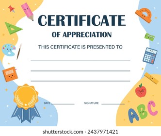 Kids Diploma background template, certificate of appreciation. Certificate of achievement in competition. For kids, children in school, preschool, playschool, kindergarten, primary grade, summer camp. Stock-vektor