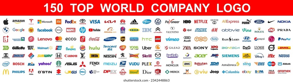 Kiev, Ukraine - March 07, 2023: Top 150 most popular famous and biggest world company logo brands. The largest and most powerful corporations in the world. Editorial vector – Vector báo chí có sẵn