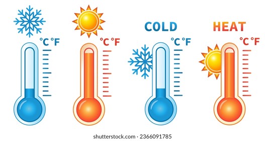 Hot and cold thermometer, high and low temperature, heat and cool mercury measuring scale with sun, snowflake icon set. Warm sunny summer, snow frozen winter weather. Warmth, freeze indicator. Vector Stockvektor