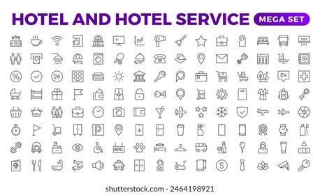 Hotel icons set. Rental property  icons. Set of apartment reservation, hotel booking, five-star hotel, service line vector web icon.Hotel universal set with Building, Parking,  Meal, Air conditioner. Stock-vektor