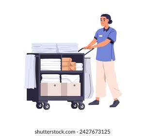 Hotel maid with clean towels, linen on trolley. Hostel worker with push cart, laundry for cleaning, washing and trash. Chambermaid, room service. Flat vector illustration isolated on white background Arkistovektorikuva
