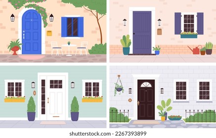 家の入り口の外観、木製のドアや植物。外の壁のアパート、住宅のエレガントなエントリ。フラットホームフロントドアと窓のレイシーベクターシーンのベクター画像素材