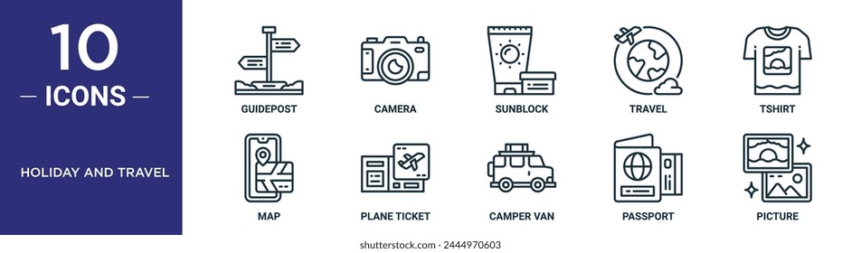 Icon-Set für Urlaubs- und Reiseumrisse umfasst Thin Line Guidepost, Kamera, Sonnenblock, Reise, Tshirt, Karte, Flugticket-Icons für Bericht, Präsentation, Diagramm, Webdesign – Stockvektorgrafik