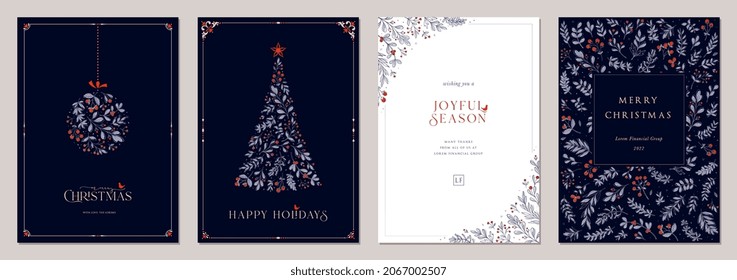 Holidays cards with Christmas Tree, birds, Christmas ornament, floral background, ornate frames and copy space. Universal modern artistic templates.  Stock Vector