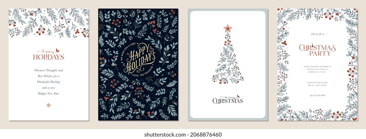 Holidays cards with Christmas Tree, birds, ornate floral frames and background. Universal artistic templates. Stock Vector