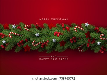 Holiday's Background with Season Wishes and Border of Realistic Looking Christmas Tree Branches Decorated with Berries, Stars and Candy Canes. Stock Vector