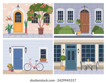 ホームウォール。ストリートハウス。ドアと窓のある住宅の建物のファサード。カフェ外部の正面図。外の入り口付近に植物や自転車。ベクター画像の都市アーキテクチャシーンセットのベクター画像素材