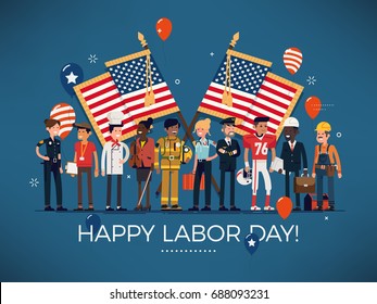 Horizontal vector 'Labor Day' celebration banner with american flags, balloons and large group of diverse workers of various professions and specialists Stock Vector