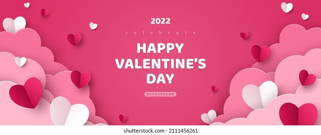 Horizontal banner with pink sky and paper cut clouds. Place for text. Happy Valentine's day sale header or voucher template with hearts. Rose cloudscape border frame pastel colors. Stock Vector