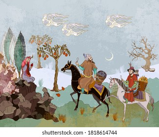 Horsemen and oasis. Travel of heroes. Ancient civilization murals. Ottoman Empire. Fairy tales and legends of the Middle East. Medieval miniature. Mughal art. Persian frescoes  Immagine vettoriale stock