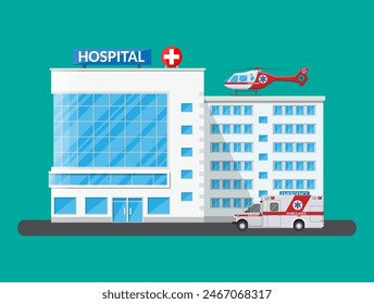 Hospital building, medical icon. Healthcare, hospital and medical diagnostics. Urgency and emergency services. Car and helicopter. Vector illustration in flat style Stockvektor