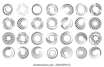 Halftone dotted speed lines circle set. Geometric art in circle forms. Round swirl movement symbols. Halftone circular dotted frames. Vector design elements Stock vektor