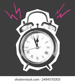 Halftone retro alarm clock with doodle lightning bolts.
Time management and deadlines concept in vintage pop art style. Paper cut element 库存矢量图