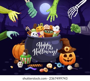Halloween sweets with holiday monster hands for horror night trick or treat party, cartoon vector background. Happy Halloween spooky candy sweets in witch cauldron, pumpkin, ghost and skull lollipop स्टॉक वेक्टर