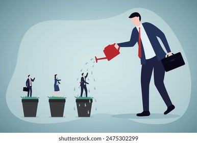Hand watering plants and employees. Talent development, career growth, training or coaching staff develop skill, employee improvement, HR human resources concept. Stock-vektor