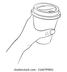 hand with disposable coffee cup, line drawing isolated symbol at white background Arkistovektorikuva