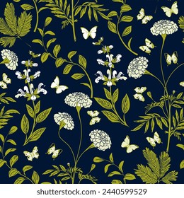 Hand drawn botanical vector pattern in vintage style. Seamless pattern can be used for wallpaper, fill patterns, web page background, surface texture. Stock Vector