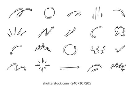 Hand drawn doodle movement motion lines, arrows and puff clouds, cartoon vector effects. Abstract symbols of spiral arrow or curve wave lines, check mark and rotation movement in doodle scribble Stockvektor