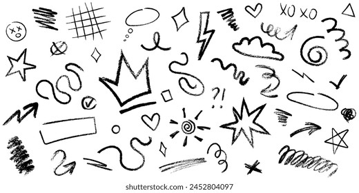 Hand drawn graffiti style squiggles. Doodle chalk symbols: crown, hearts, arrows, textbox, stars. Charcoal scribbles, grunge texture vector elements Stockvektorkép