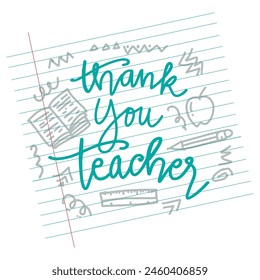 Hand drawn lettering of thank you teacher. Vector illustration on white background. ஸ்டாக் வெக்டர்