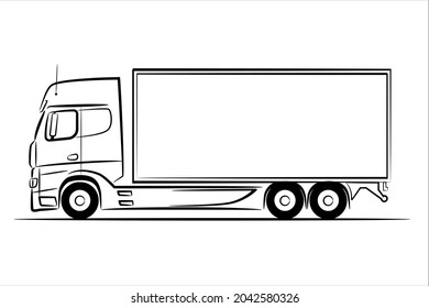 A hand drawn line art of a truck car. Outline Vector truck, lorry, side view. Urban cargo transportation over short distances. Modern flat vector illustration. Immagine vettoriale stock
