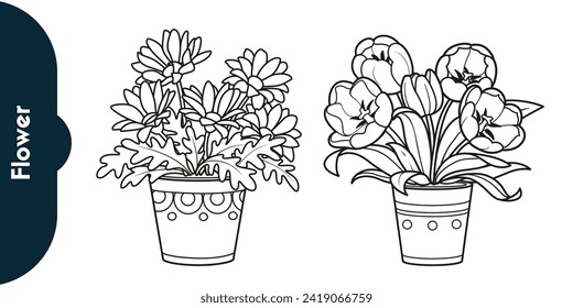 Hand drawn line art succulents with half wine barrel planter coloring page illustration for adults. Black and white illustration. Perfect for coloring book, invitation, greeting card, print. Stock-vektor