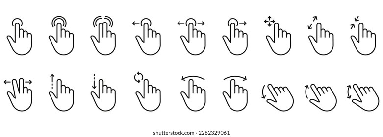 Hand Finger Touch, Swipe and Drag Outline Icon Set. Pinch Screen, Rotate Up Down on Screen Line Sign. Gesture Slide Left and Right Linear Pictogram. Editable Stroke. Isolated Vector Illustration. – Vector có sẵn
