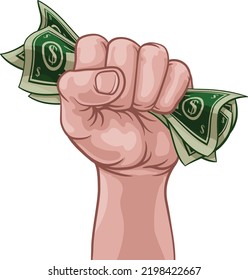 A hand in a fist squeezing cash money dollar bills. In a comic book pop art cartoon illustration style – Vector có sẵn