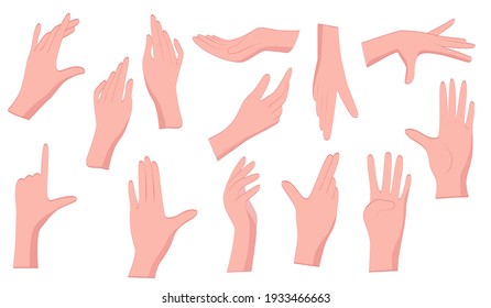 Hand gestures. A set of manual gestures of the female hand. Flat-style gestures on an isolated white background.  Concept design elements, hold in hands, stroking. Stock-vektor