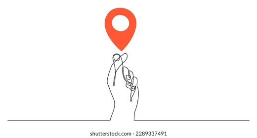 Hand holds points location at map one line art,hand drawn way destination continuous contour,trendy palm template direction, gps navigation concept.Editable stroke.Isolated.Vector illustration Stock-vektor