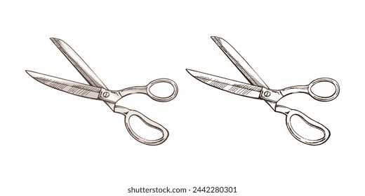 Hand-drawn colored and monochrome sketches of tailor's scissors. Handmade, sewing equipment concept in vintage doodle style. Engraving style. Stock-vektor