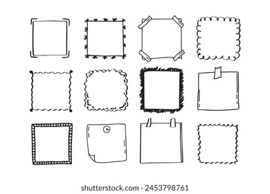 正方形の落書きフレームの手描きのセット。落書き線空のフレーム。ベクターイラストのベクター画像素材